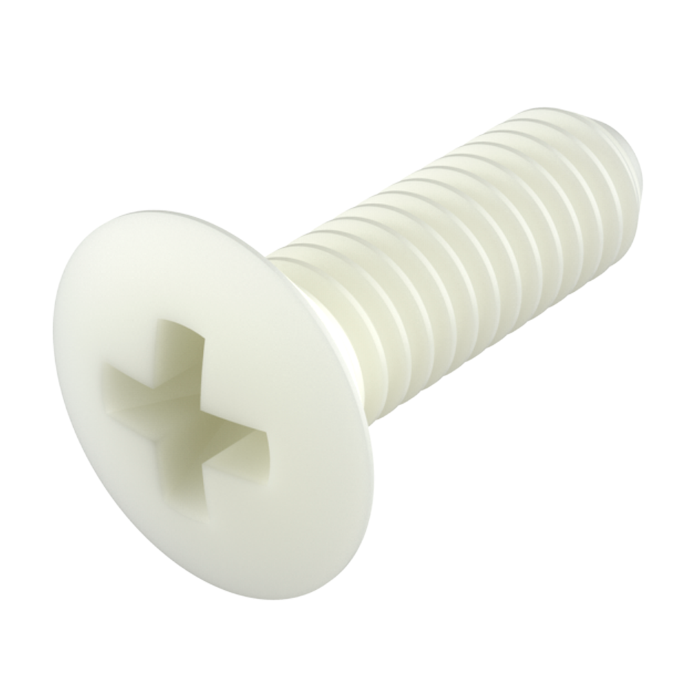 Unsere Flachkopfschraube <b>Phillips</b> (DIN 7988) ist aus <b>PA66</b> hergestellt und bietet exzellenten Widerstand gegen Chemikalien (siehe Eigenschaftentabelle). Es ist ein Material mit hoher dielektrischer Kraft, es rostet nicht und schützt vor Schaden durch Bruchstärke während mechanischer Belastung.