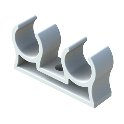 Doppelklemme für Rohre, Schläuche und Kabel, die mit M6-Doppelgewindeschrauben befestigt werden können.