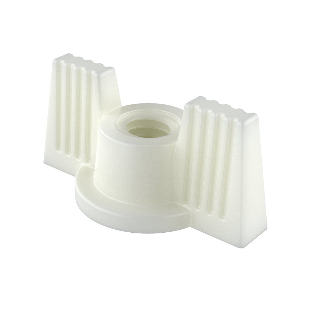 Unsere <b>Flügelmuttern</b> MTMD mit metrischem Durchgangsgewinde, hergestellt aus <b>PA66</b> (Polyamid 66 “Nylon”), bieten eine hervorragende Chemikalienbeständigkeit (siehe Datenblatt), eine hohe Durchschlagsfestigkeit, rosten nicht und verhindern Schäden durch Überspannung. <br><br>
Diese Flügelmuttern sind in der <b> selbstsichernden</b> Variante erhältlich.